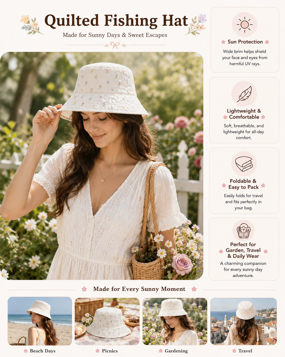 Hydrangea Floral Quilted Bucket Hat