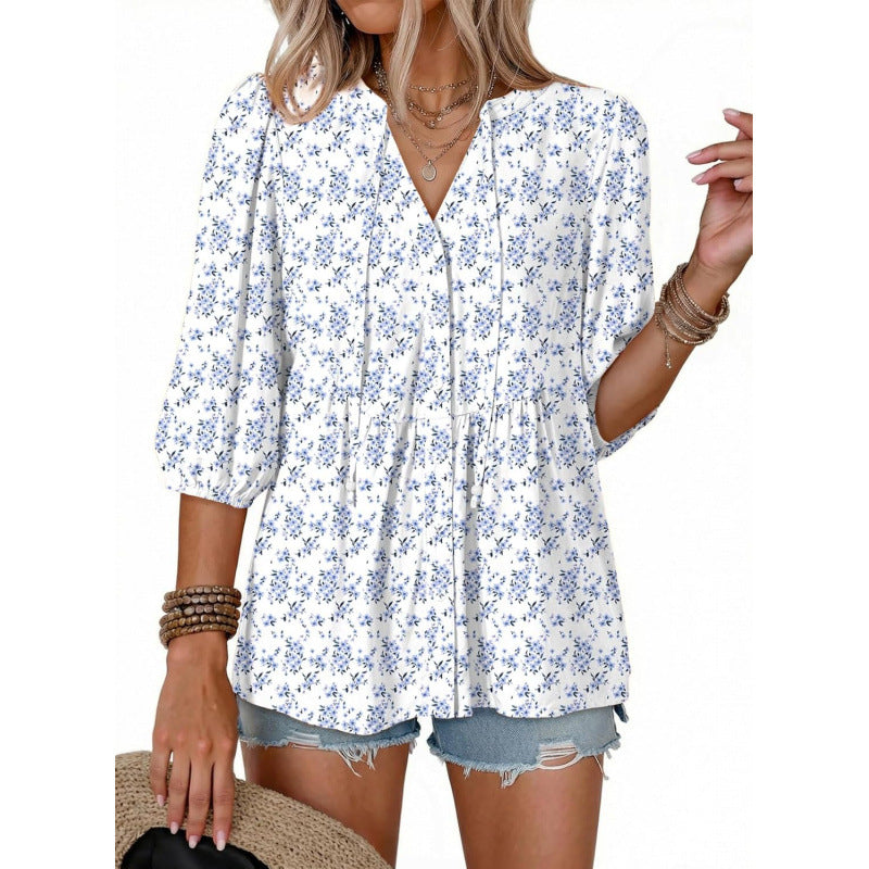 Boho Floral Button Down V Neck Blouses Shirts