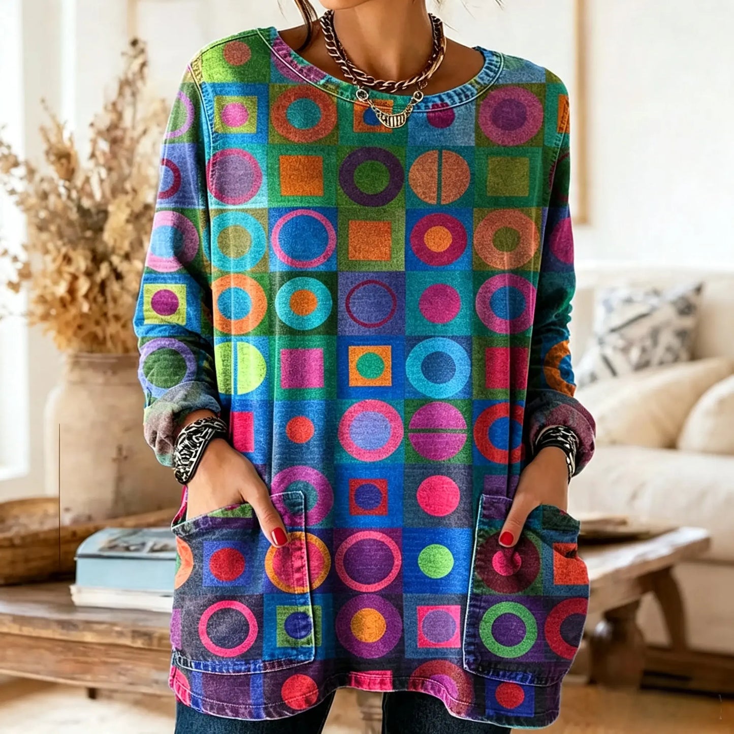 Vibrant Multicolor Circular Colorful 3D-Print Pocket Sweatshirt