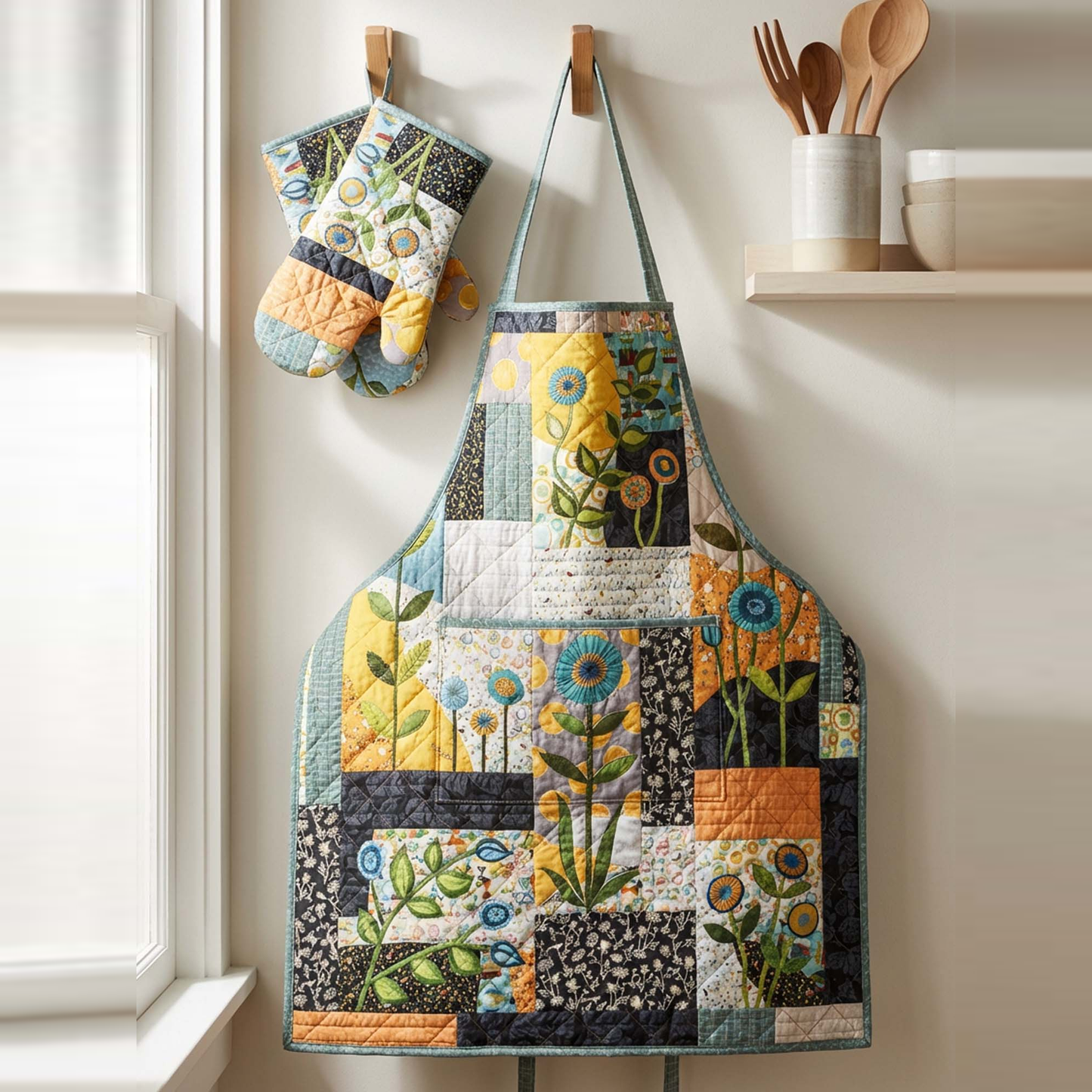 Flower Quilted Apron Set (2-Piece) – Padded Apron + Heat-Resistant Oven Mitts
