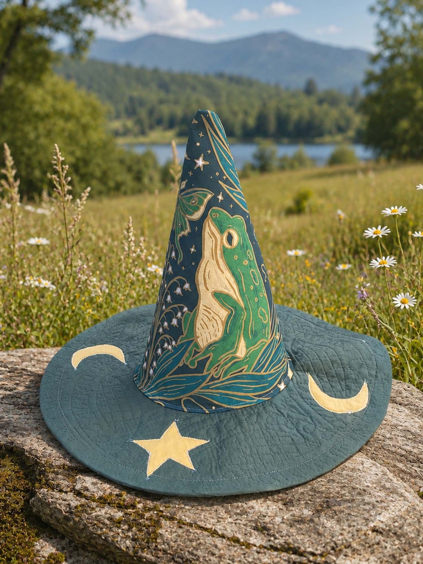 Celestial Frog Handcrafted Quilted Witch Hat