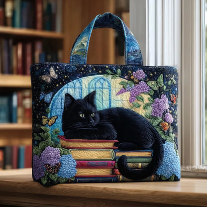 Black Cat on Books Handmade Tote Bag