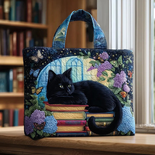 Black Cat on Books Handmade Tote Bag