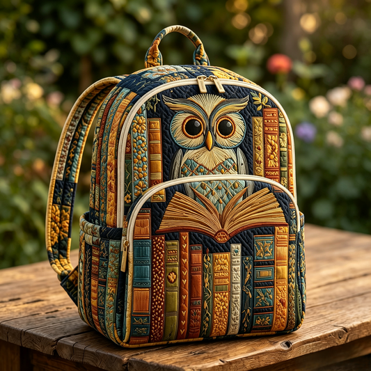 Vintage Owl & Book Quilted Backpack