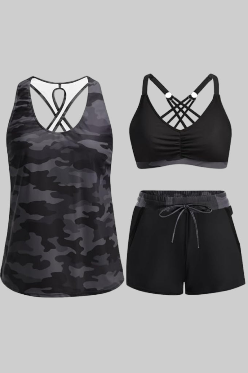 3 Piece Tankini with Shorts - Sporty Swimsuit