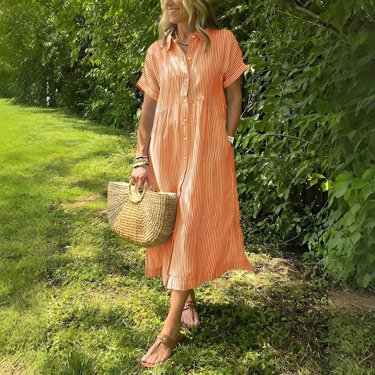 Women’s Striped Button-Down Midi Shirt Dress