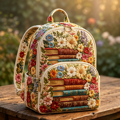 Floral Book Stack Quilted Backpack