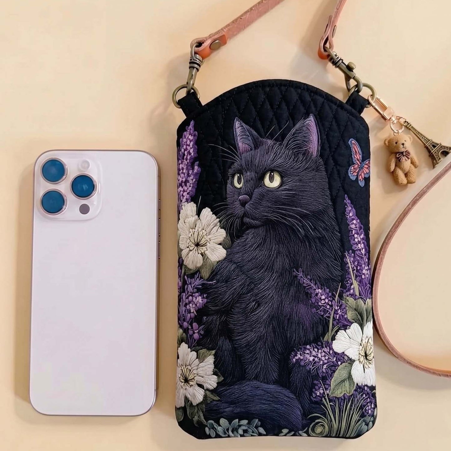 Cute Cat Quilted Slim Phone Crossbody Bag