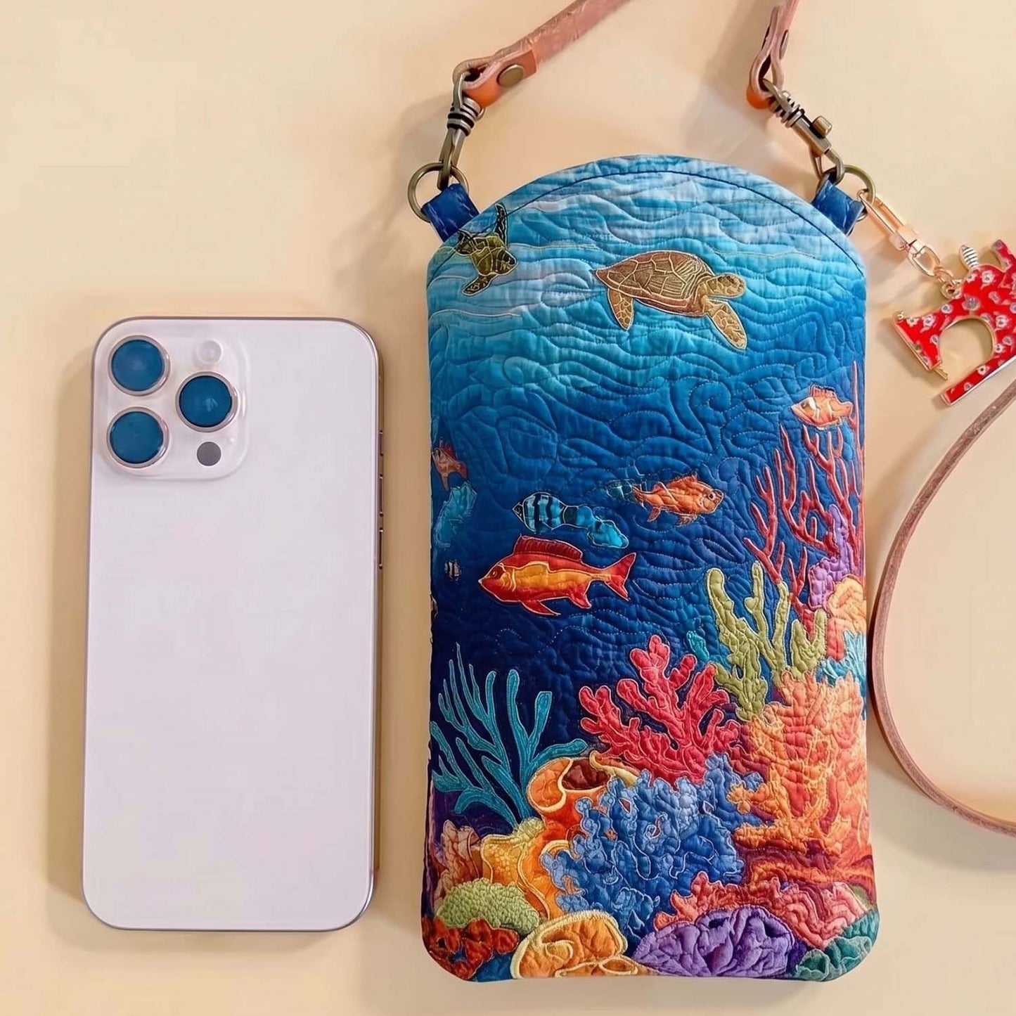 Coral Reef Ocean Turtle Fish Quilted Slim Phone Crossbody Bag