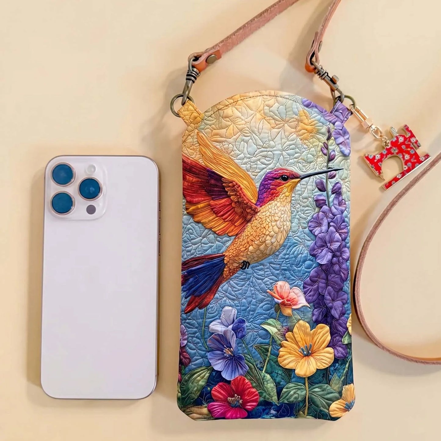 Flowers And Hummingbirds Quilted Slim Phone Crossbody Bag