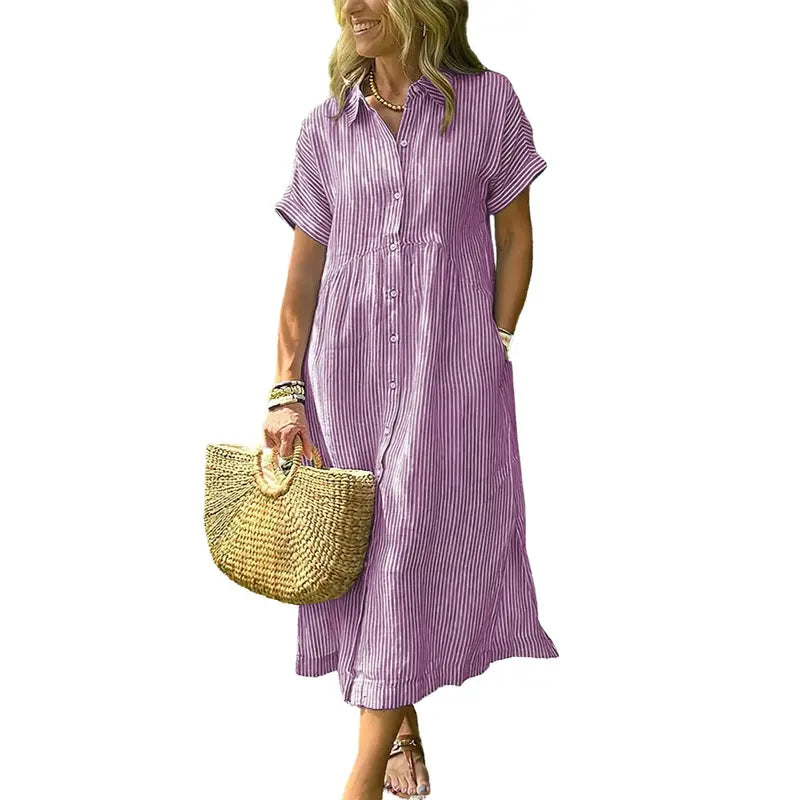 Women’s Striped Button-Down Midi Shirt Dress