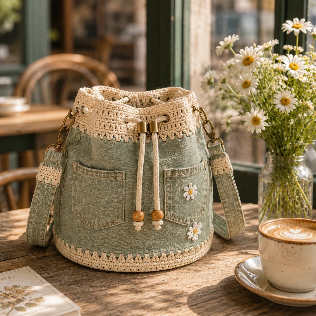 Denim Crochet Bucket Bag - 5