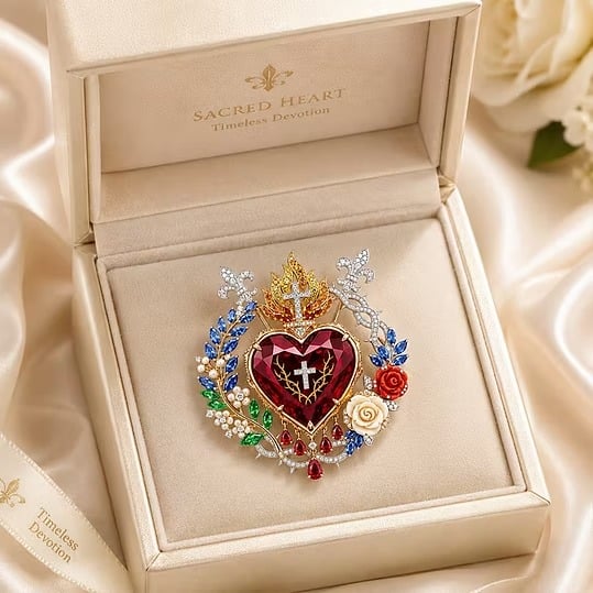 Sacred Heart Floral Gemstone Brooch | Vintage Palace-Inspired Statement Pin
