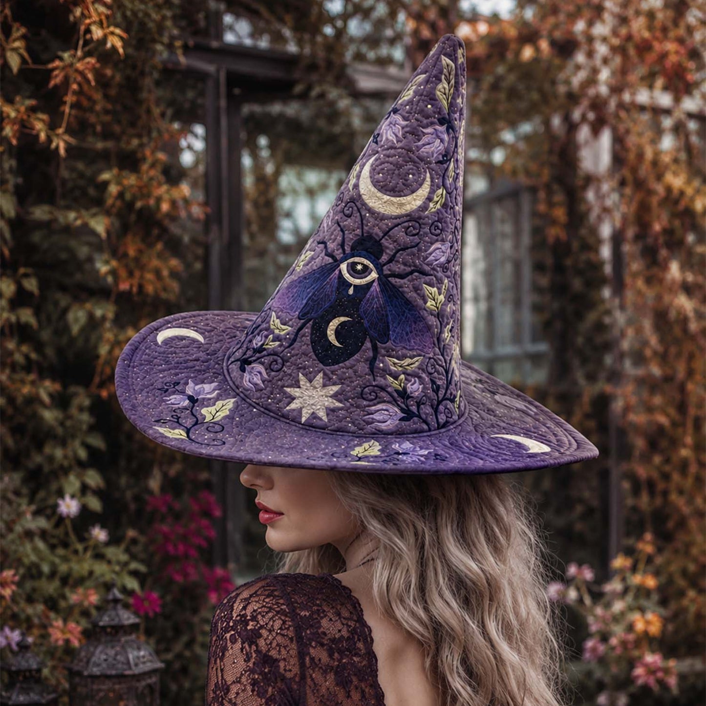 Purple Moon Mystic Celestial Handcrafted Quilted Witch Hat