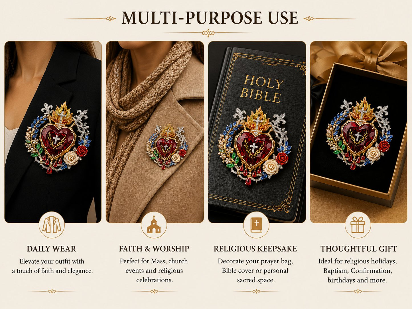 Sacred Heart Floral Gemstone Brooch | Vintage Palace-Inspired Statement Pin