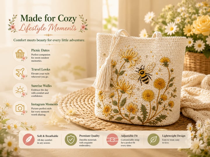 🐝Handmade Crochet Bee Embroidered Tote Bag