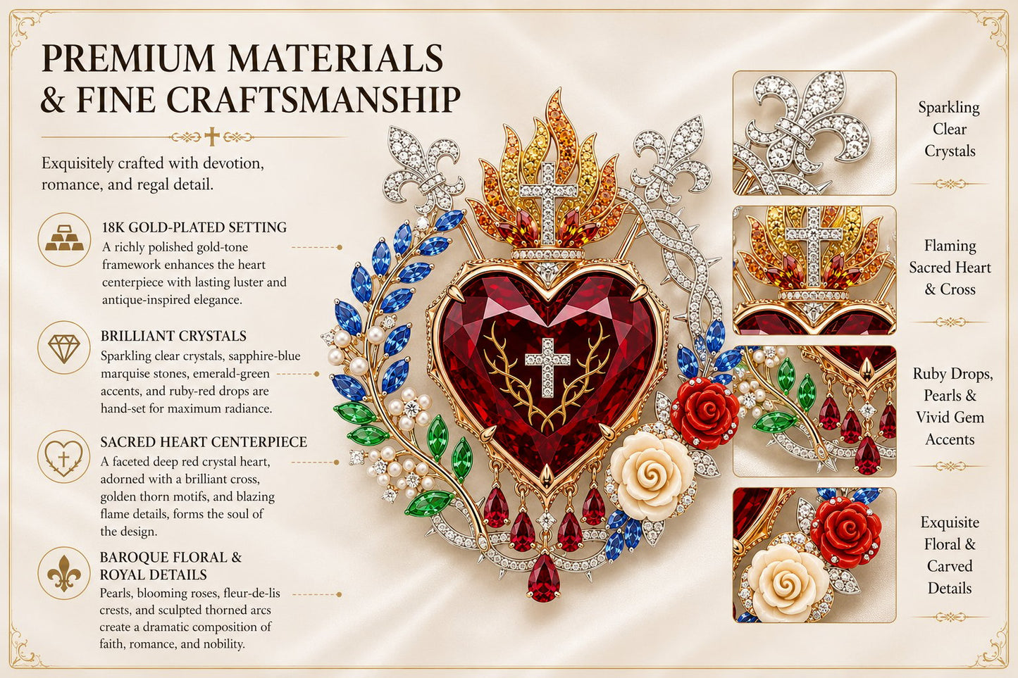 Sacred Heart Floral Gemstone Brooch | Vintage Palace-Inspired Statement Pin