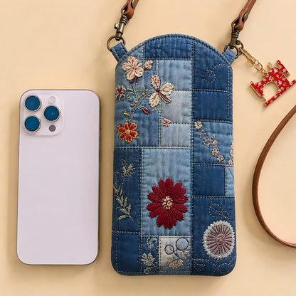 Denim Patchwork Floral Quilted Slim Phone Crossbody Bag
