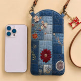 Denim Patchwork Floral Quilted Slim Phone Crossbody Bag