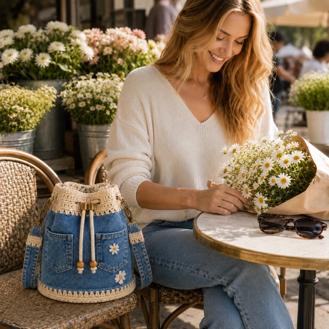 Denim Crochet Bucket Bag - 2