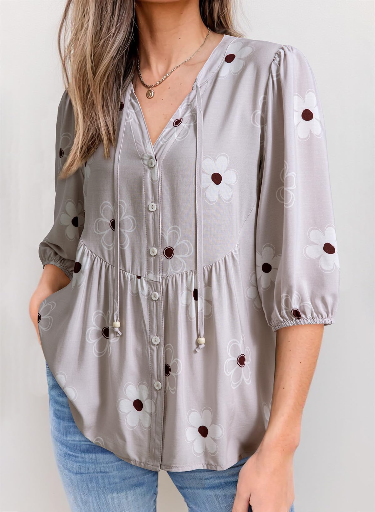 Boho Floral Button Down V Neck Blouses Shirts