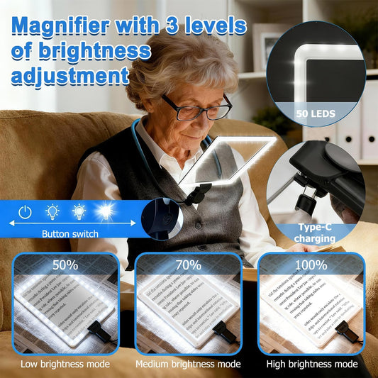 Large Hands-Free Magnifying Glass with 50 Ultra-Bright LED Light