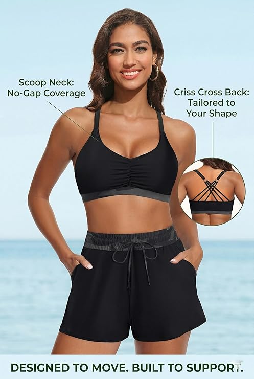 3 Piece Tankini with Shorts - Sporty Swimsuit