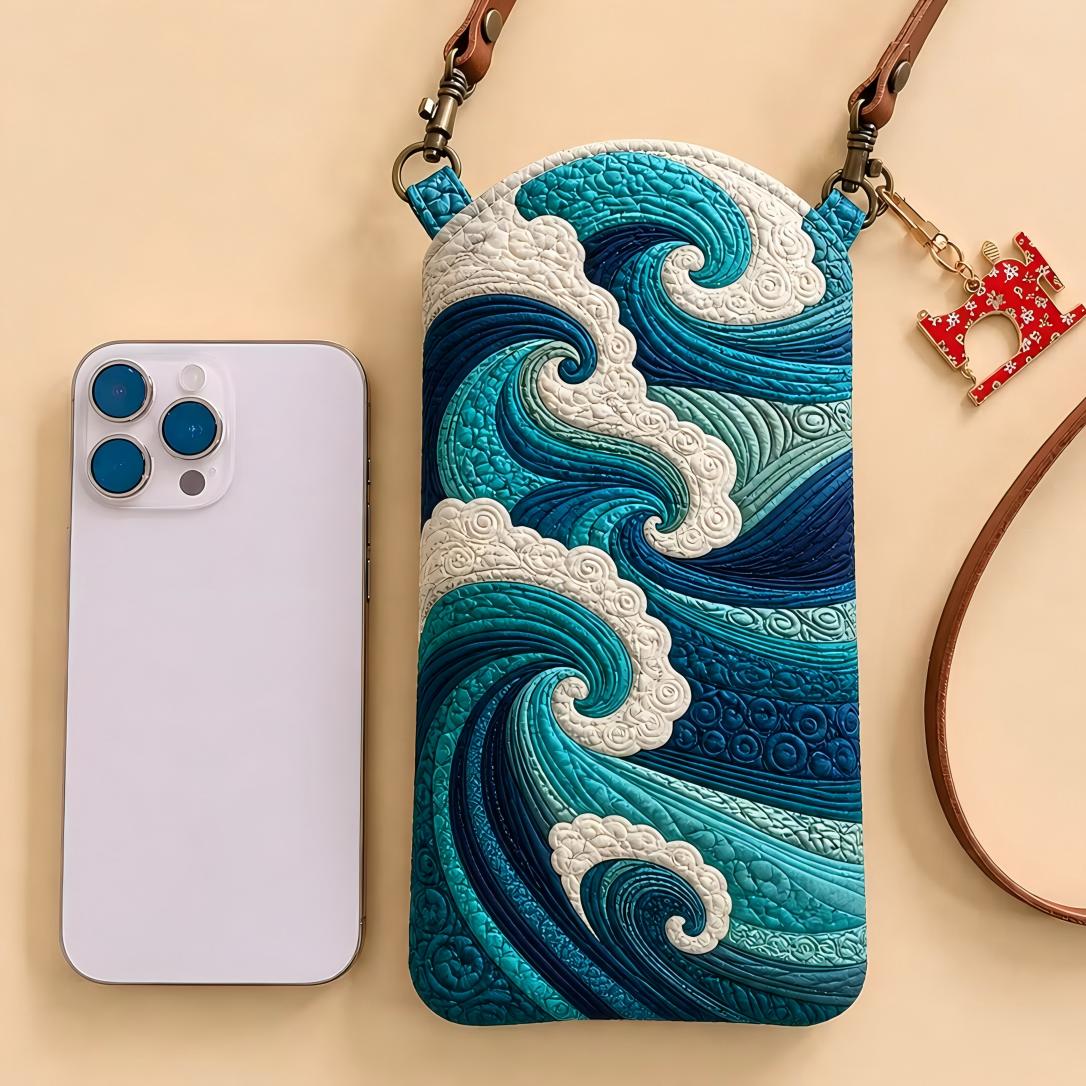Ukiyo‑e Ocean Wave Quilted Slim Phone Crossbody Bag