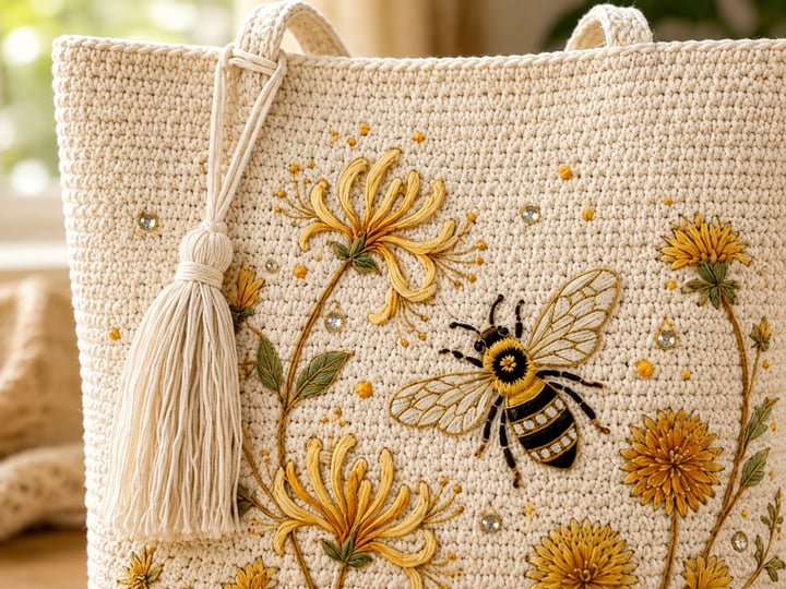 🐝Handmade Crochet Bee Embroidered Tote Bag