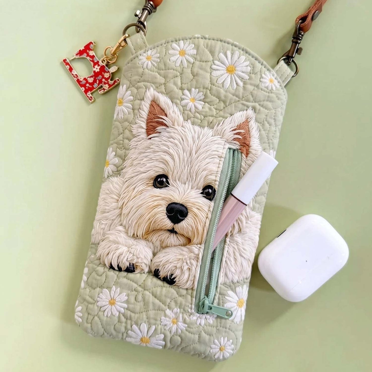 Westie Daisy Floral Quilted Slim Phone Crossbody Bag