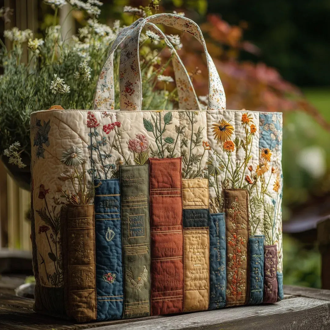 Books and Flowers Collection Handmade Tote Bag