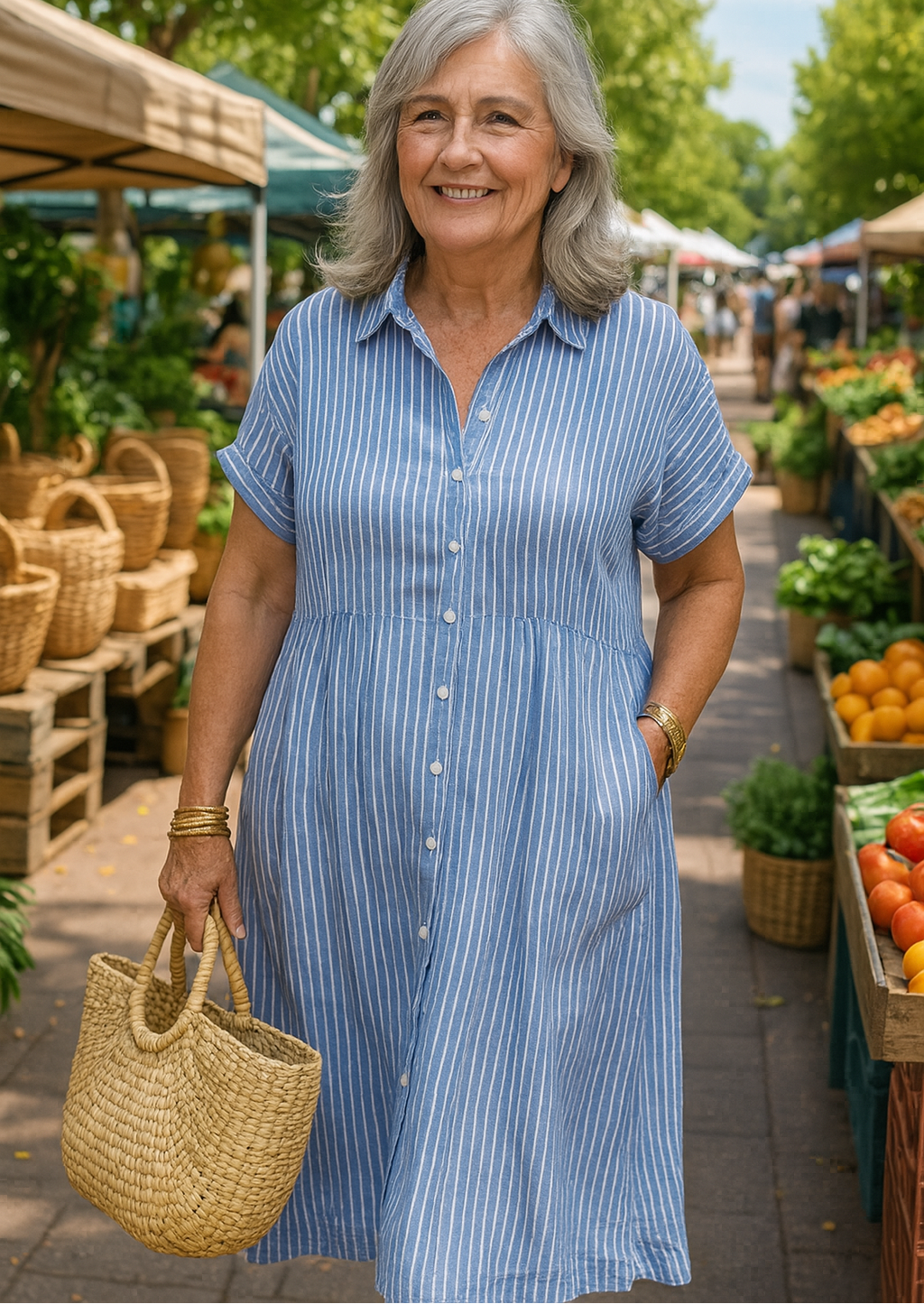 Women’s Striped Button-Down Midi Shirt Dress