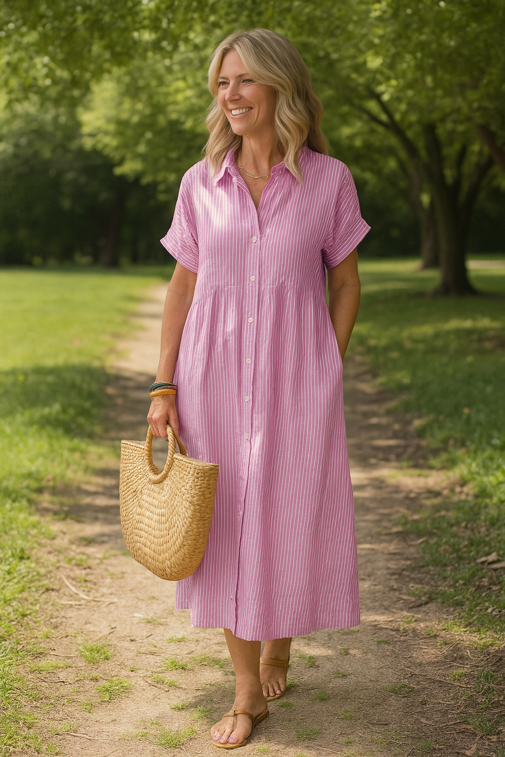 Women’s Striped Button-Down Midi Shirt Dress