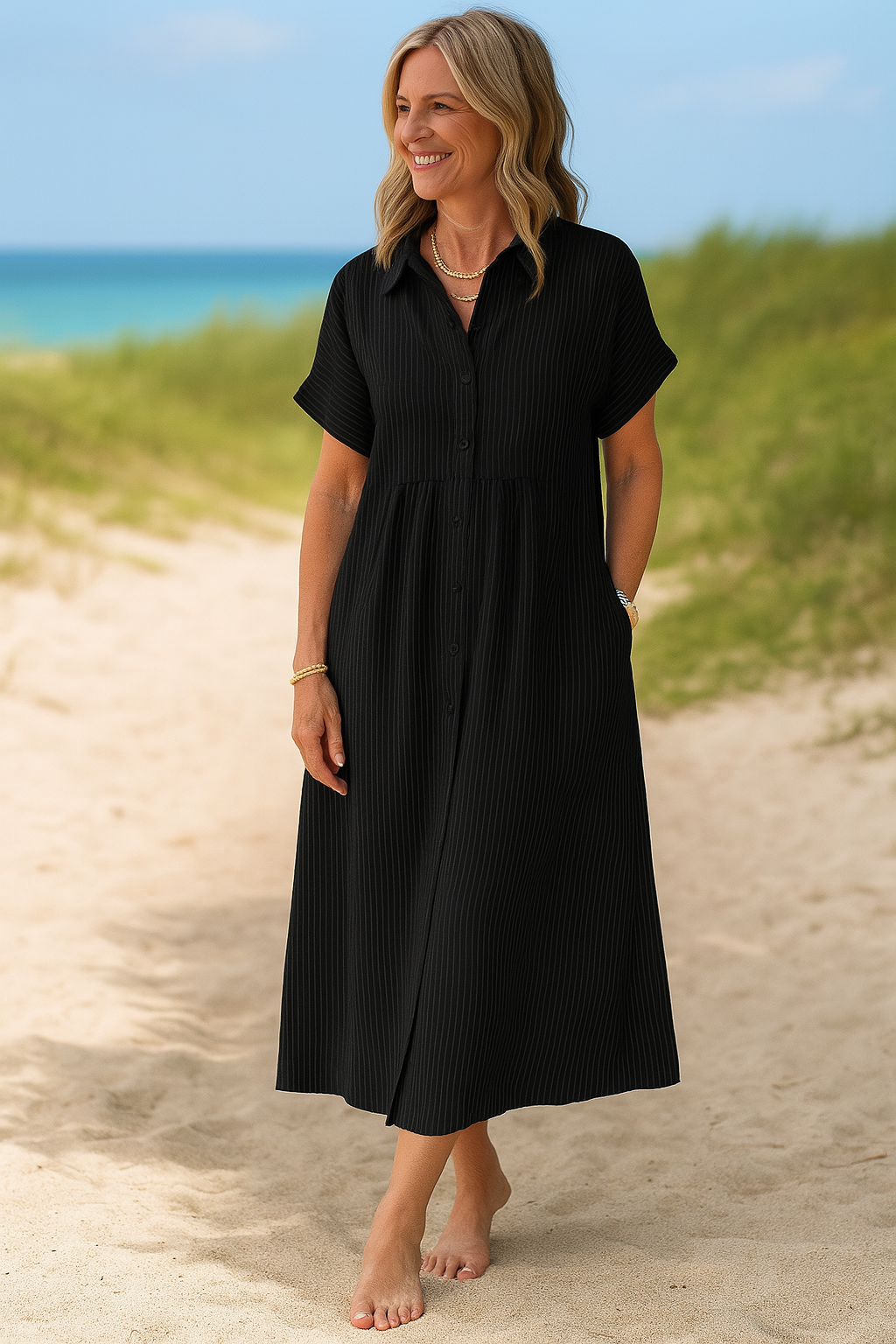 Women’s Striped Button-Down Midi Shirt Dress