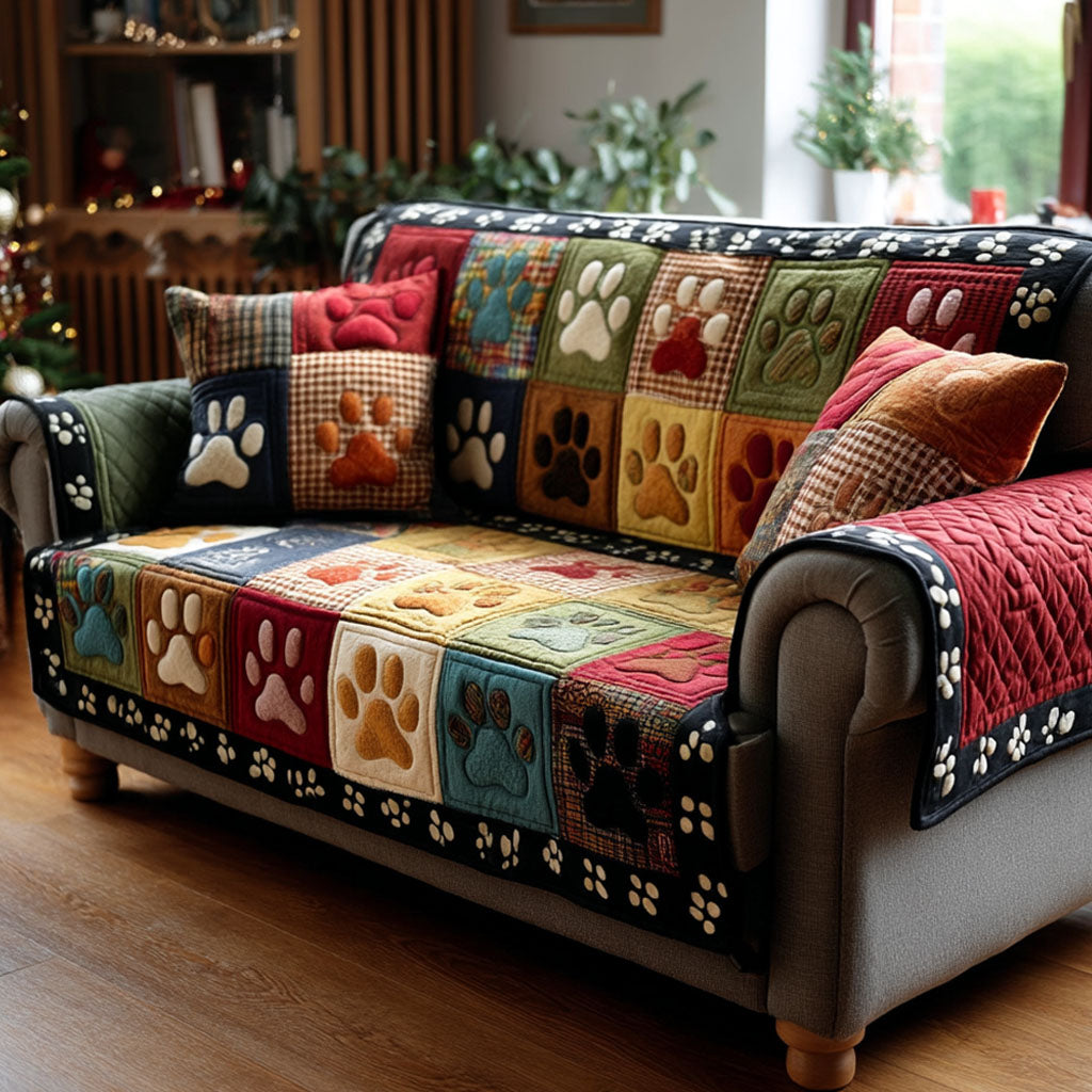 Colorful Paw Quilted Sofa Cover