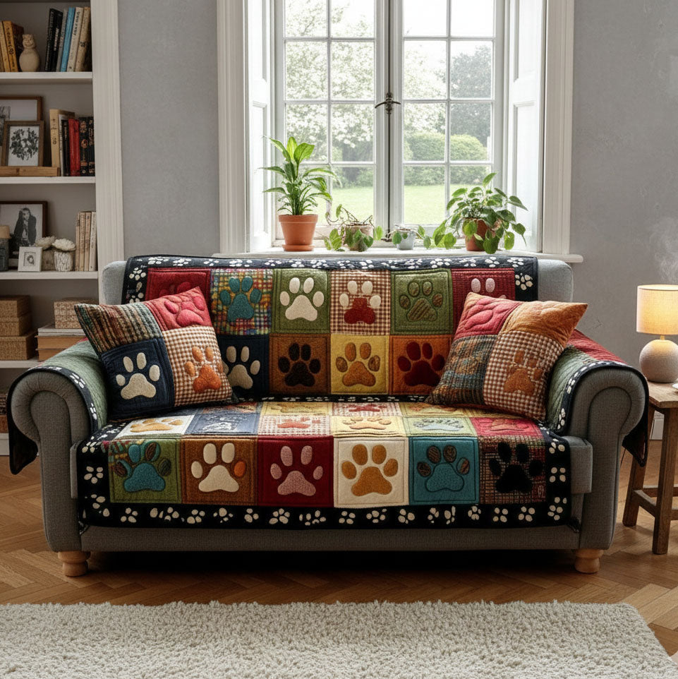 Colorful Paw Quilted Sofa Cover