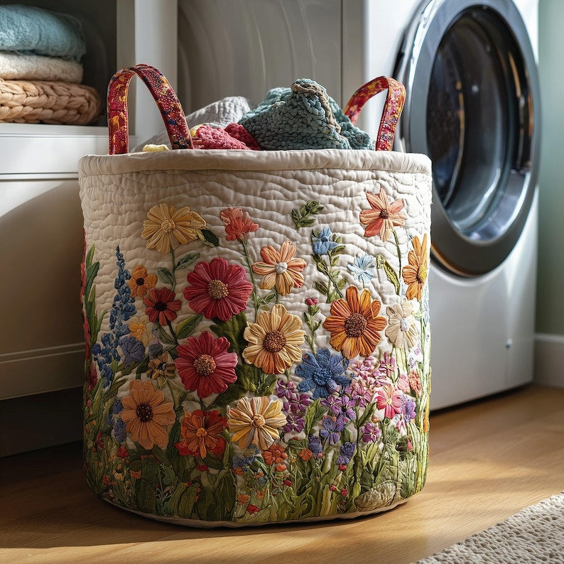 Floral Field Garden Storage Hamper Quilted Laundry Basket