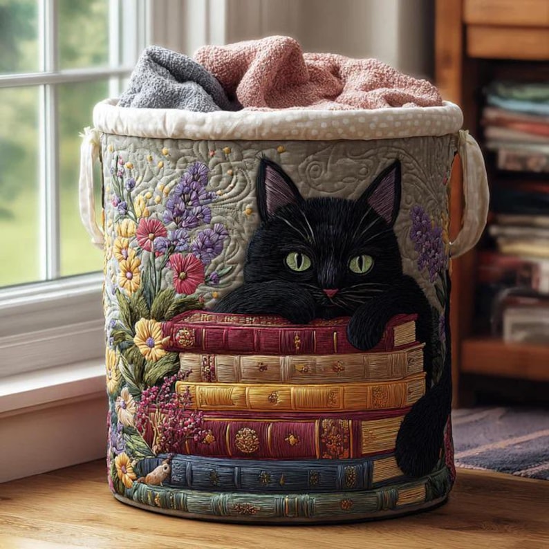 Black Cat Floral Library Quilted Laundry Basket