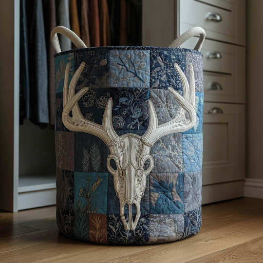 Blue Antlers Quilted Laundry Basket
