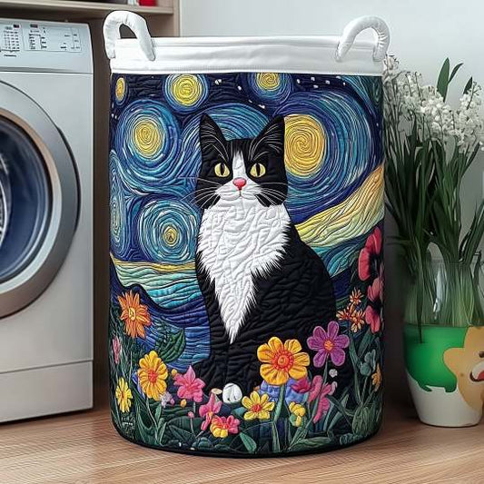 Cat Under Starry Night Quilted Laundry Basket