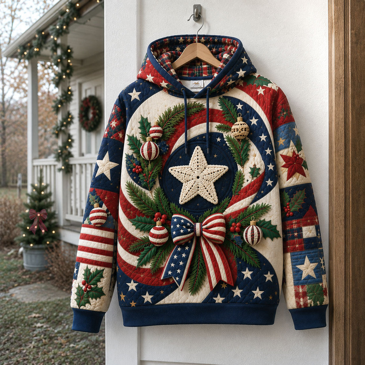American Flag Wreath Quilted Casual Hoodie