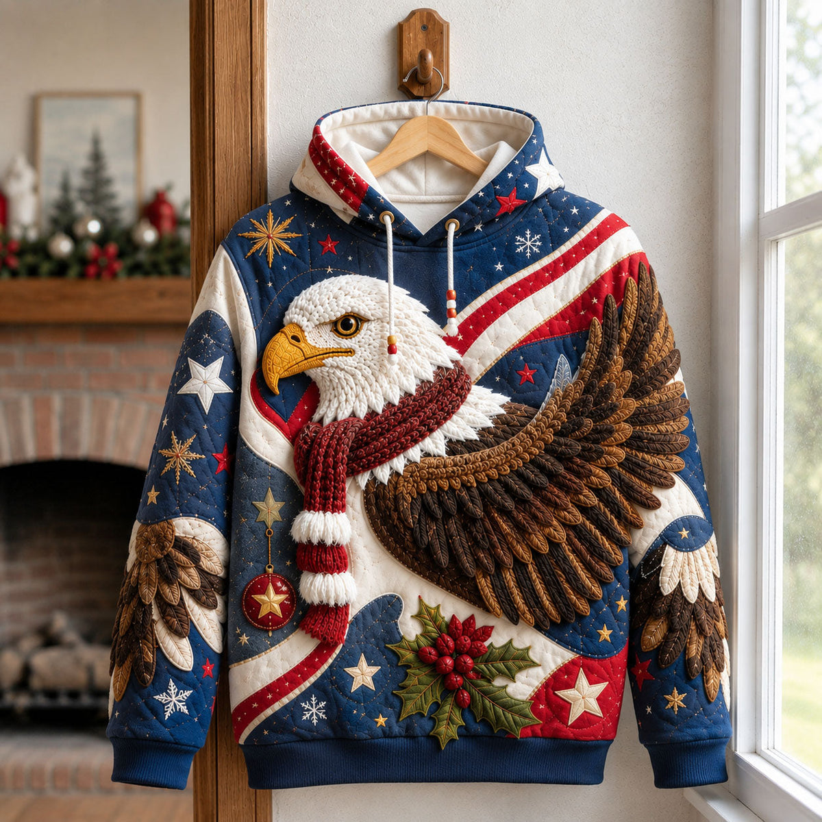 Patriotic Eagle Christmas Quilted Casual Hoodie