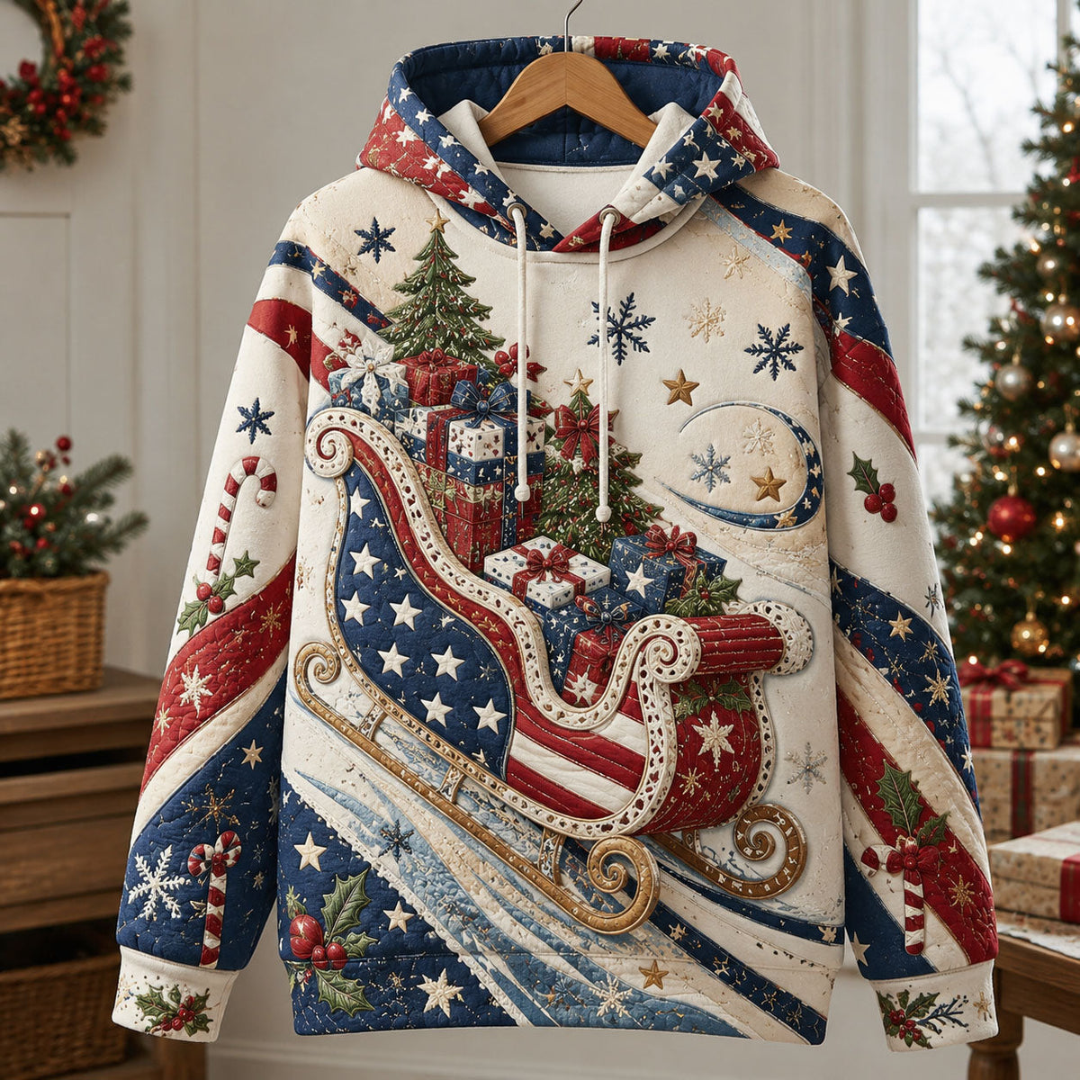 American Flag Christmas Sleigh Quilted Casual Hoodie