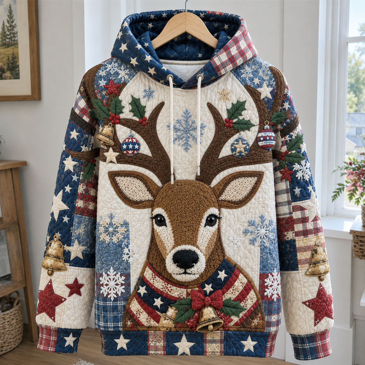 Patriotic Reindeer Snowflake Quilted Casual Hoodie
