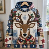 Patriotic Reindeer Snowflake Quilted Casual Hoodie