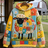 Farm Sheep Floral Quilted Casual Hoodie