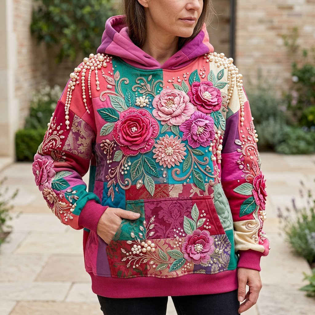 Floral Patchwork Quilted Casual Hoodie