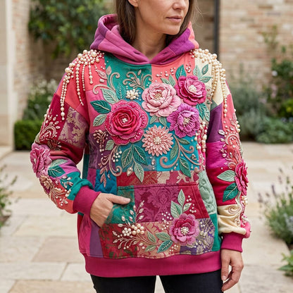 Floral Patchwork Quilted Casual Hoodie