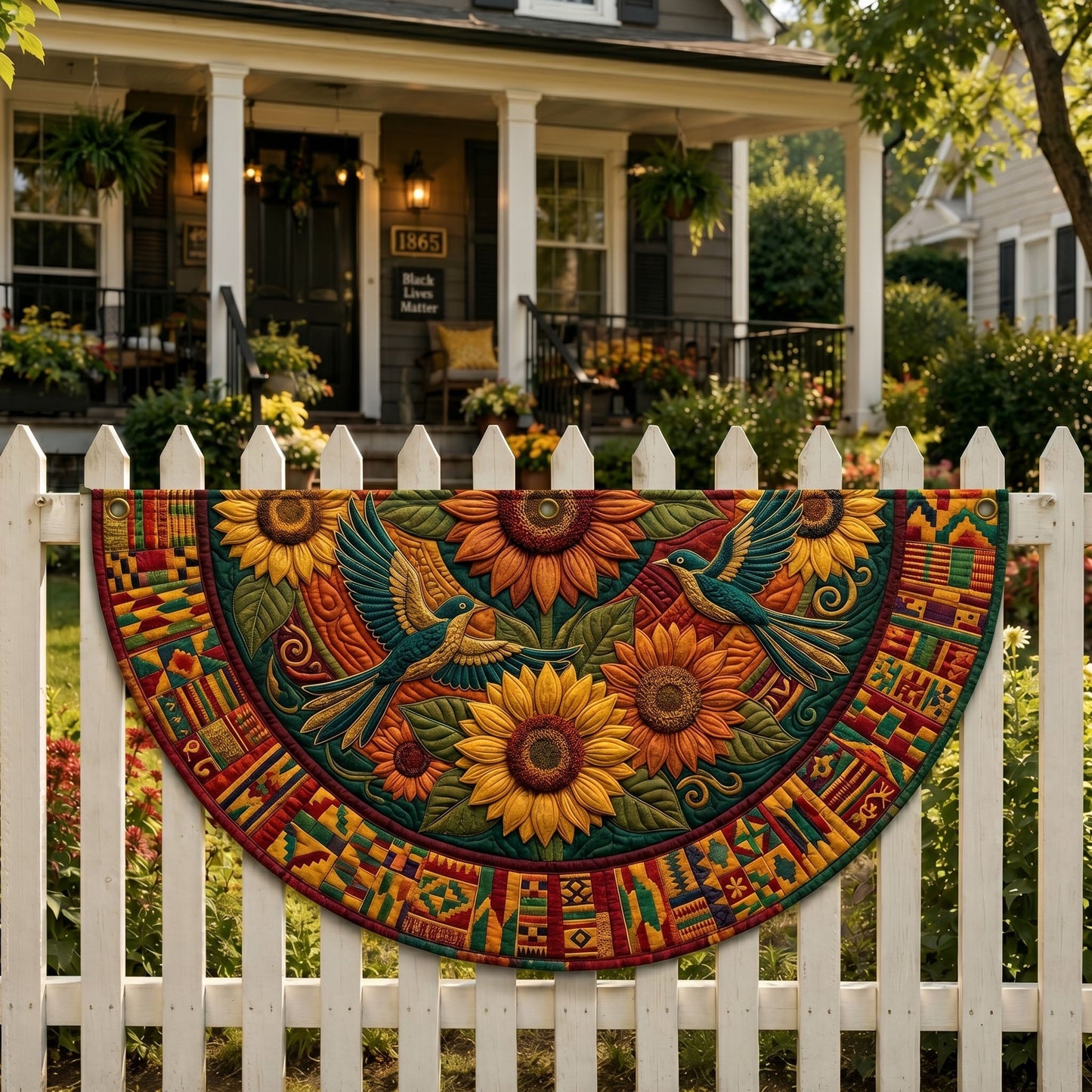 Sunflowers and Hummingbirds Quilted Fan Flag