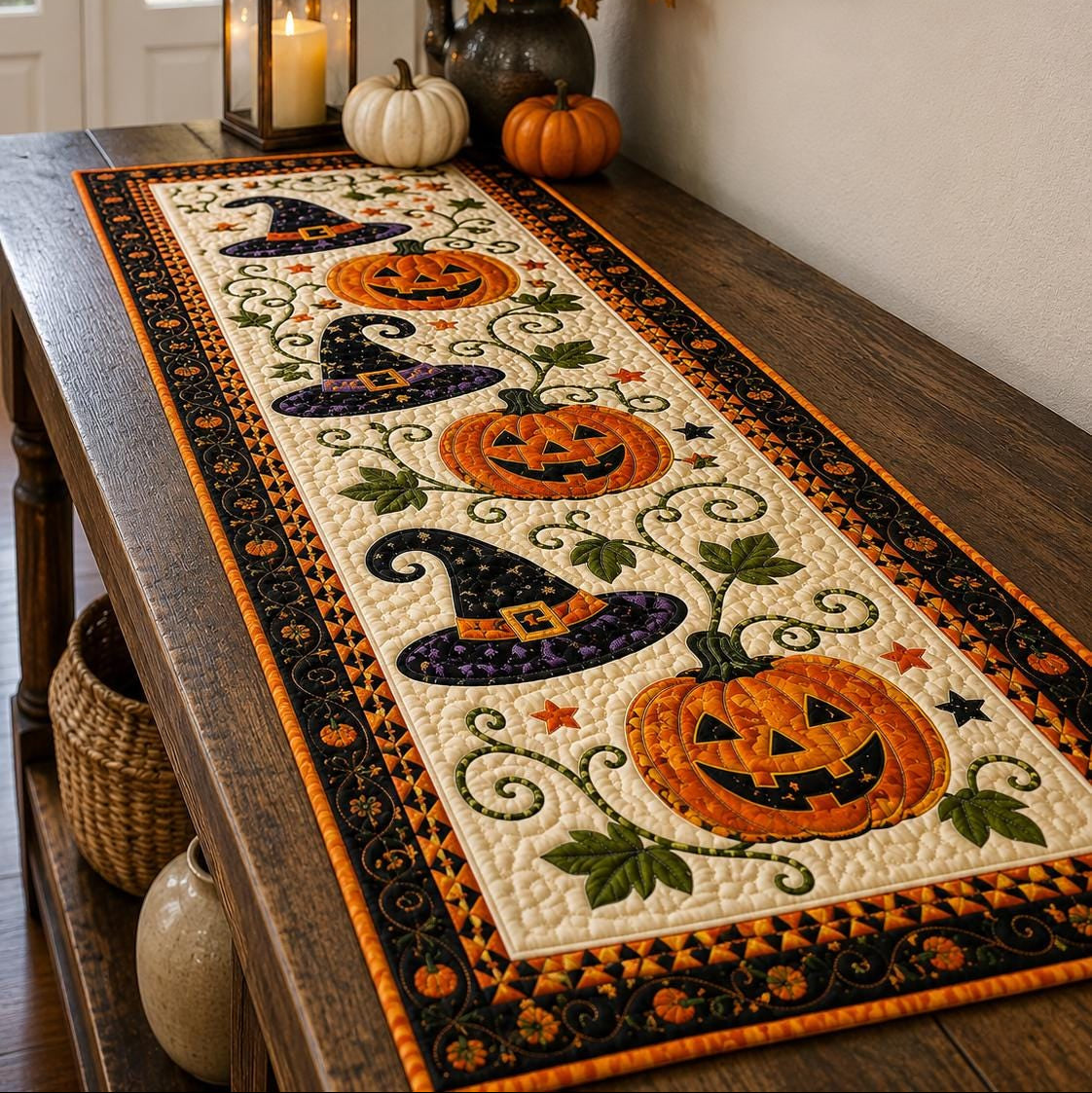 Halloween Pumpkin Witch Hat Quilted Table Runner